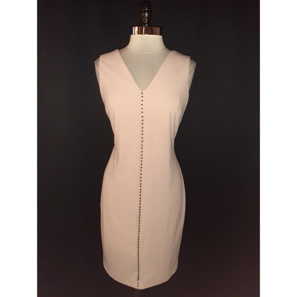 CALVIN KLEIN Size 14 Sheath Dress Pink Gold Beads Sleeveless Stretch Knit - Picture 1 of 6